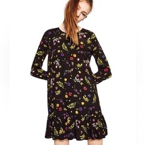 Zara Viscose Black Floral Print Long Sleeve Ruffled Mini Dress